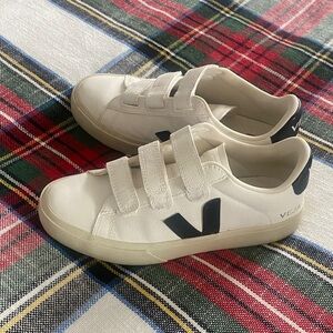 Veja Women’s White Leather Velcro Sneakers with Navy V and Heel